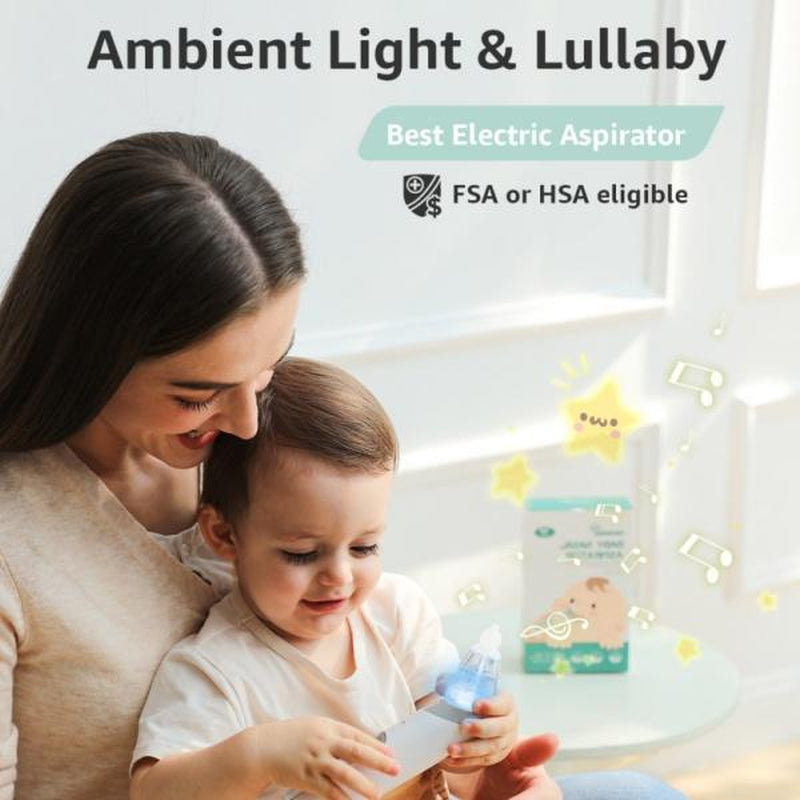 Nasal Aspirator for Baby, Electric Nose Aspirator for Toddler, Baby Nose Sucker, Automatic Nose Cleaner with 3 Silicone Tips, Adjustable Suction Level, Music and Light Soothing Function